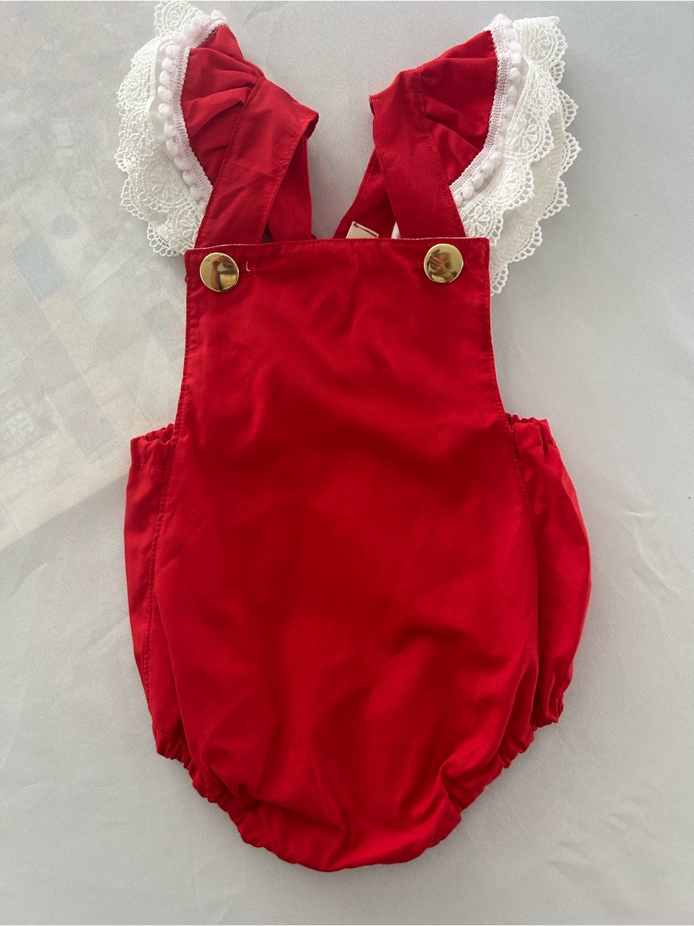 Dames & Fellow Boutique Classic Red Lace-Trim Baby Bubble Romper sun suit